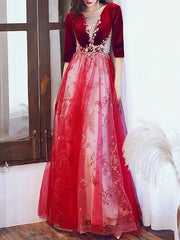 A-Line/Princess Illusion Neck Half Sleeves Floor-Length Prom Dresses with Sequin & Appliques