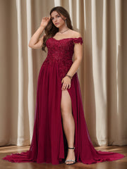 A-Line/Princess Off-the-Shoulder Sleeveless Lace Chiffon Plus Size Prom Dresses with Sequins