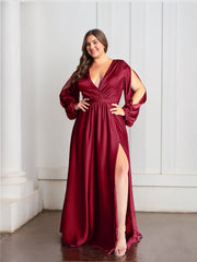 A-Line/Princess Deep V-Neck Long Sleeves Floor-Length Plus Size Prom Dresses With Ruffles and Split Side