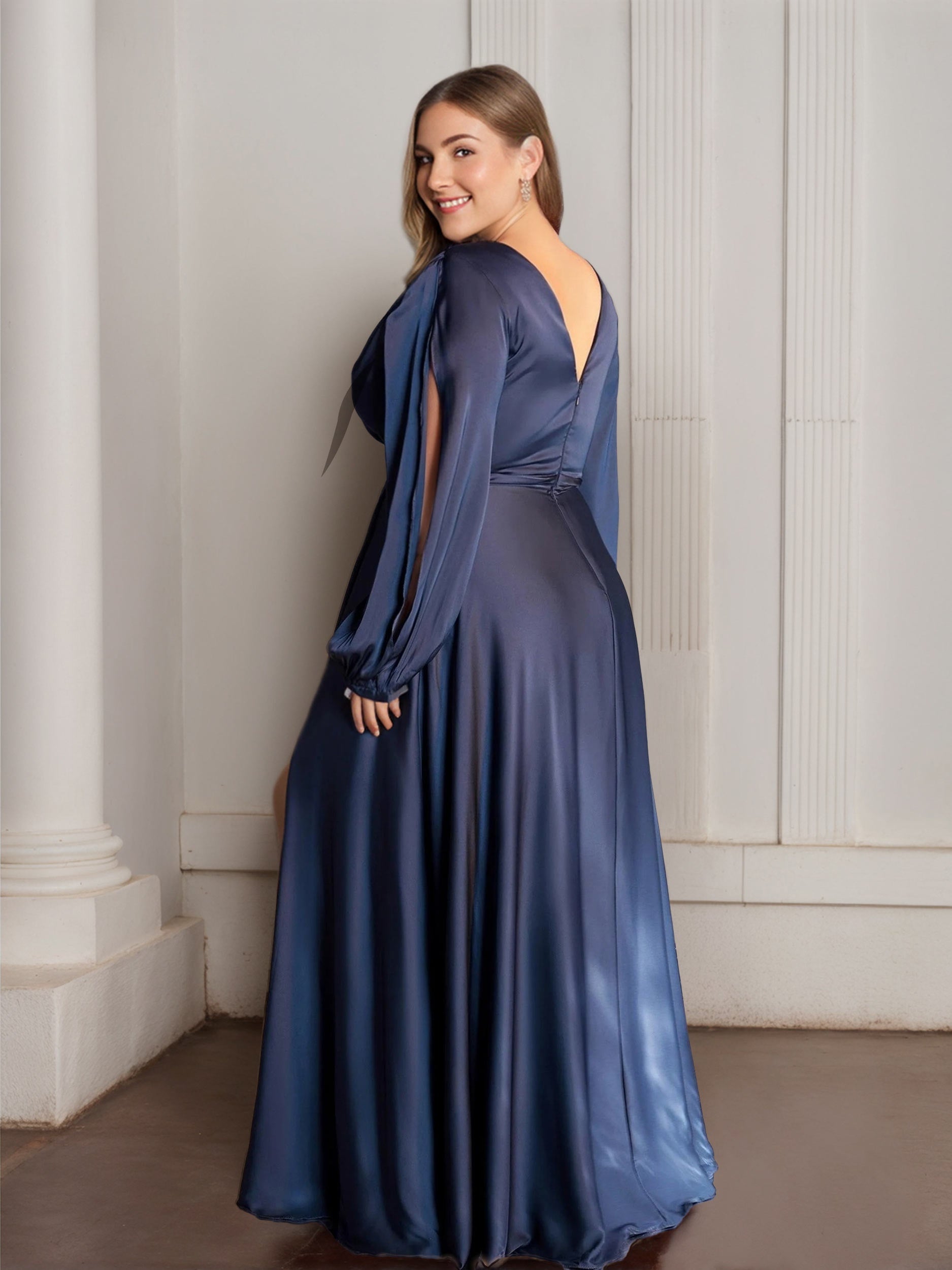 A-Line/Princess Deep V-Neck Long Sleeves Floor-Length Plus Size Prom Dresses With Ruffles and Split Side