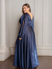 A-Line/Princess Deep V-Neck Long Sleeves Floor-Length Plus Size Prom Dresses With Ruffles and Split Side