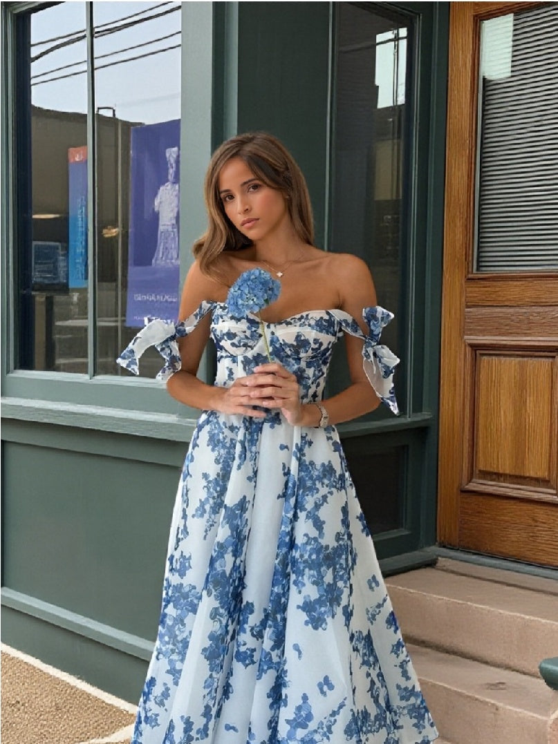 A-Line/Princess Off-the-Shoulder Sleeveless Tea-Length Floral Homecoming Dresses
