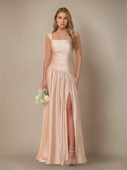 A-Line/Princess Off-the-Shoulder Sleeveless Floor-Length Silk Satin Bridesmaid Dresses with Pleated & Split Side