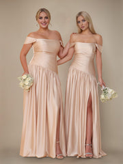 A-Line/Princess Off-the-Shoulder Sleeveless Floor-Length Silk Satin Bridesmaid Dresses with Pleated & Split Side