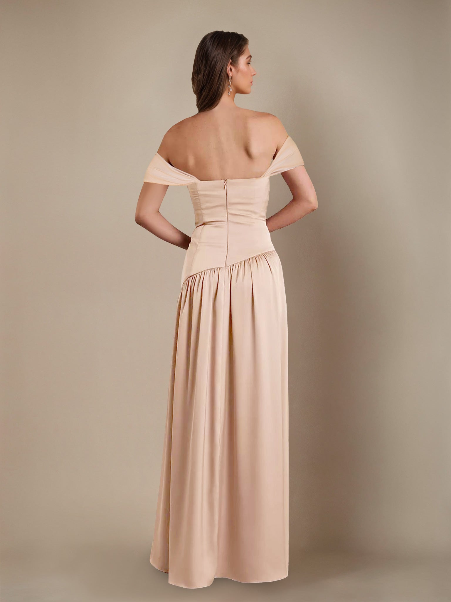 A-Line/Princess Off-the-Shoulder Sleeveless Floor-Length Silk Satin Bridesmaid Dresses with Pleated & Split Side