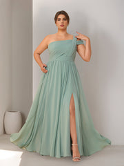 A-Line/Princess One-Shoulder Sleeveless Floor-Length Plus Size Bridesmaid Dresses with Split Side & Ruched