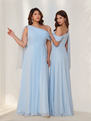 A-Line/Princess One-Shoulder Sleeveless Floor-Length Chiffon Plus Size Bridesmaid Dresses with Watteau Train