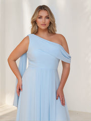 A-Line/Princess One-Shoulder Sleeveless Floor-Length Chiffon Plus Size Bridesmaid Dresses with Watteau Train