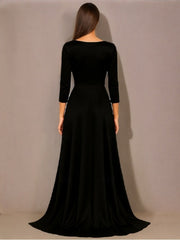 A-Line/Princess 3/4 Length Sleeves Floor-Length Satin Evening Dresses with Pleats & Sequins