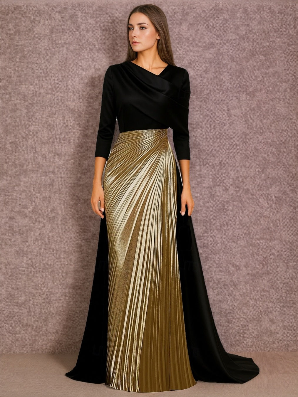 A-Line/Princess 3/4 Length Sleeves Floor-Length Satin Evening Dresses with Pleats & Sequins