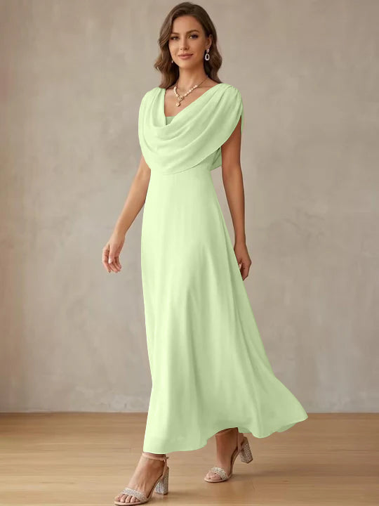 A-Line/Princess Cowl Neck Chiffon Cocktail Dresses Little White Dresses Ankle-Length Sleeveless Graduation Dress