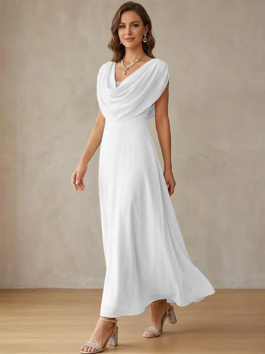 A-Line/Princess Cowl Neck Chiffon Cocktail Dresses Little White Dresses Ankle-Length Sleeveless Graduation Dress