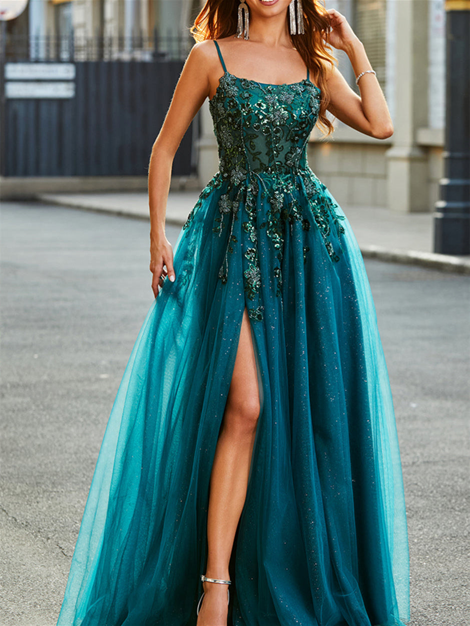 A-Line/Princess Spaghetti Straps Sleeveless Floor-Length Evening Dress with Appliques