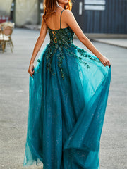A-Line/Princess Spaghetti Straps Sleeveless Floor-Length Evening Dress with Appliques