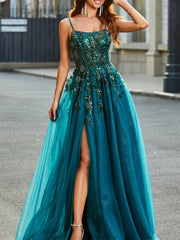 A-Line/Princess Spaghetti Straps Sleeveless Floor-Length Evening Dress with Appliques