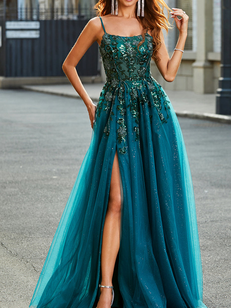 A-Line/Princess Spaghetti Straps Sleeveless Floor-Length Evening Dress with Appliques