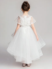 A-Line/Princess Jewel Neck Flutter Sleeves Asymmetrical Flower Girl Dresses聽with Lace Appliques