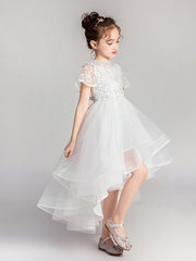 A-Line/Princess Jewel Neck Flutter Sleeves Asymmetrical Flower Girl Dresses聽with Lace Appliques
