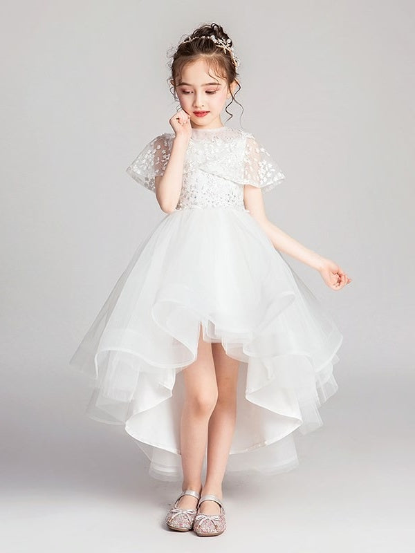 A-Line/Princess Jewel Neck Flutter Sleeves Asymmetrical Flower Girl Dresses聽with Lace Appliques