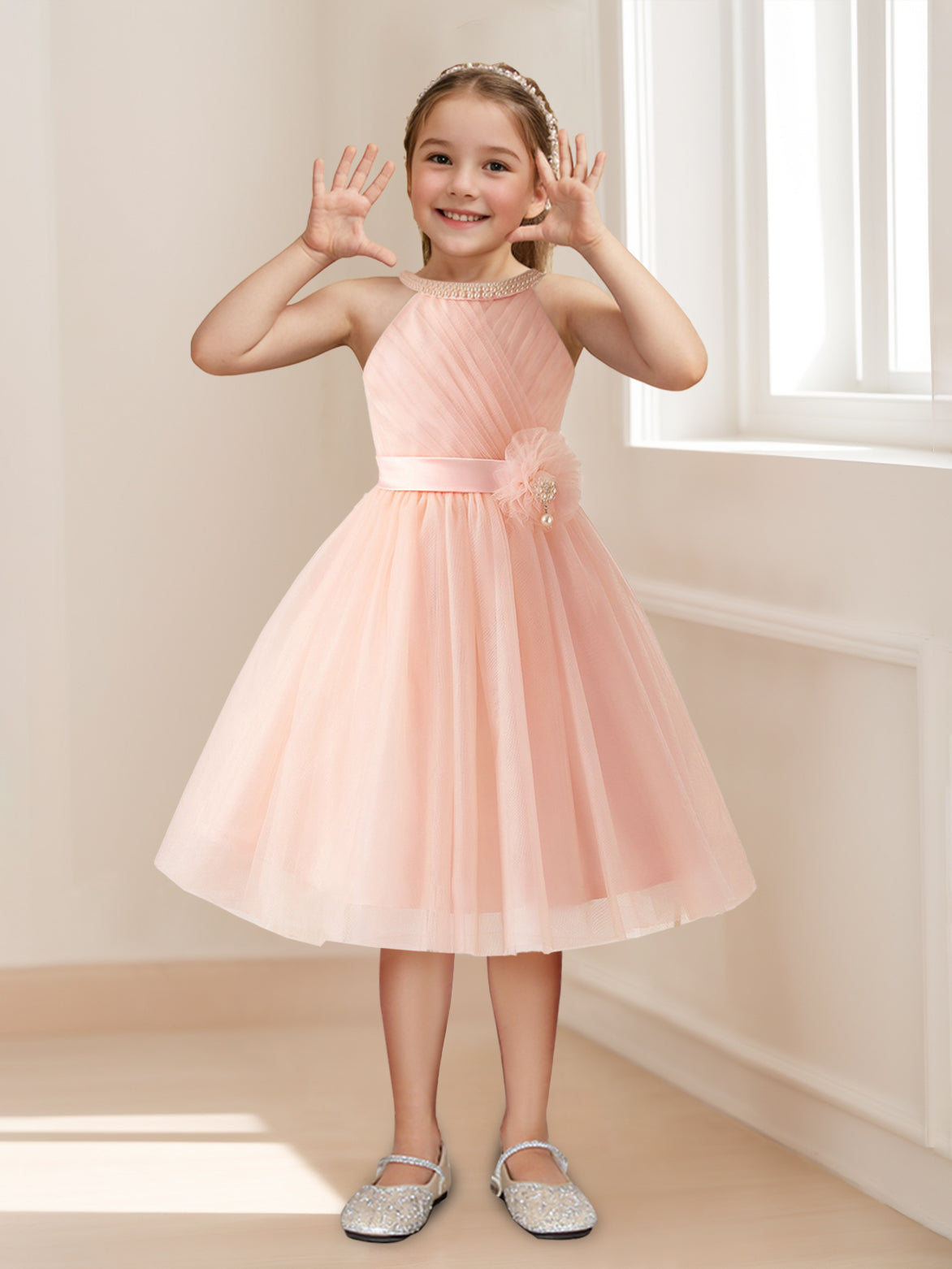 A-Line/Princess Halter Sleeveless Knee-Length Ruched Flower Girl Dresses with Sash & Pearls & Self-tie