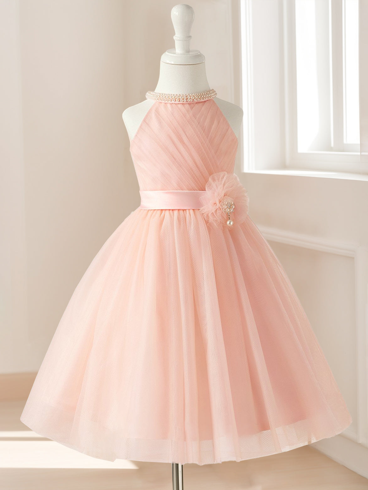 A-Line/Princess Halter Sleeveless Knee-Length Ruched Flower Girl Dresses with Sash & Pearls & Self-tie