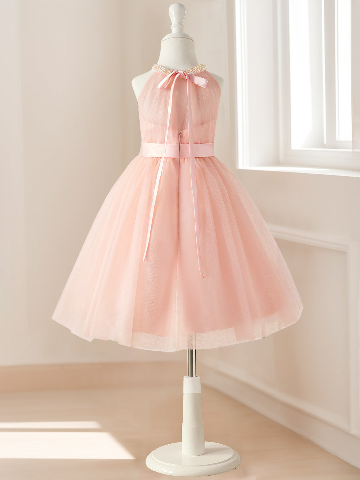 A-Line/Princess Halter Sleeveless Knee-Length Ruched Flower Girl Dresses with Sash & Pearls & Self-tie