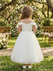A-Line/Princess Off-the-Shoulder Flower Girl Dresses with Bowknot Tulle Ankle-Length Sleeveless