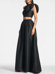 A-Line/Princess One Shoulder Floor Length Sleeveless Wedding Guest Dresses Satin with Tie Pocket Bow(s)