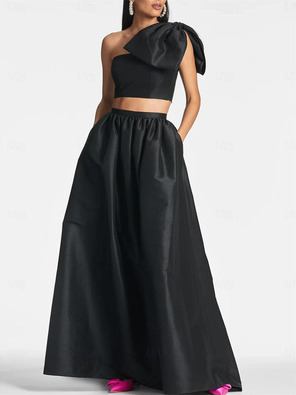 A-Line/Princess One Shoulder Floor Length Sleeveless Wedding Guest Dresses Satin with Tie Pocket Bow(s)