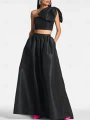 A-Line/Princess One Shoulder Floor Length Sleeveless Wedding Guest Dresses Satin with Tie Pocket Bow(s)