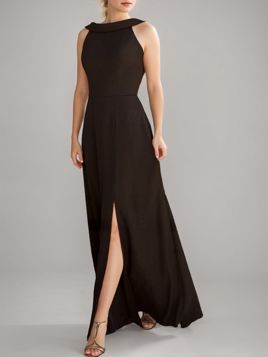 A-Line/Princess Jewel Neck Sleeveless Floor-Length Wedding Guest Dress with Split Side