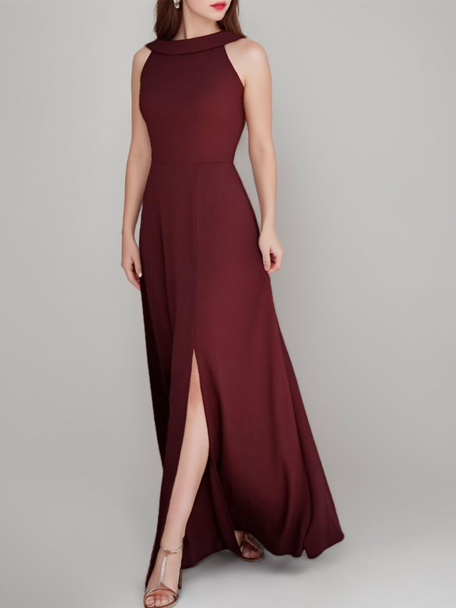 A-Line/Princess Jewel Neck Sleeveless Floor-Length Wedding Guest Dress with Split Side