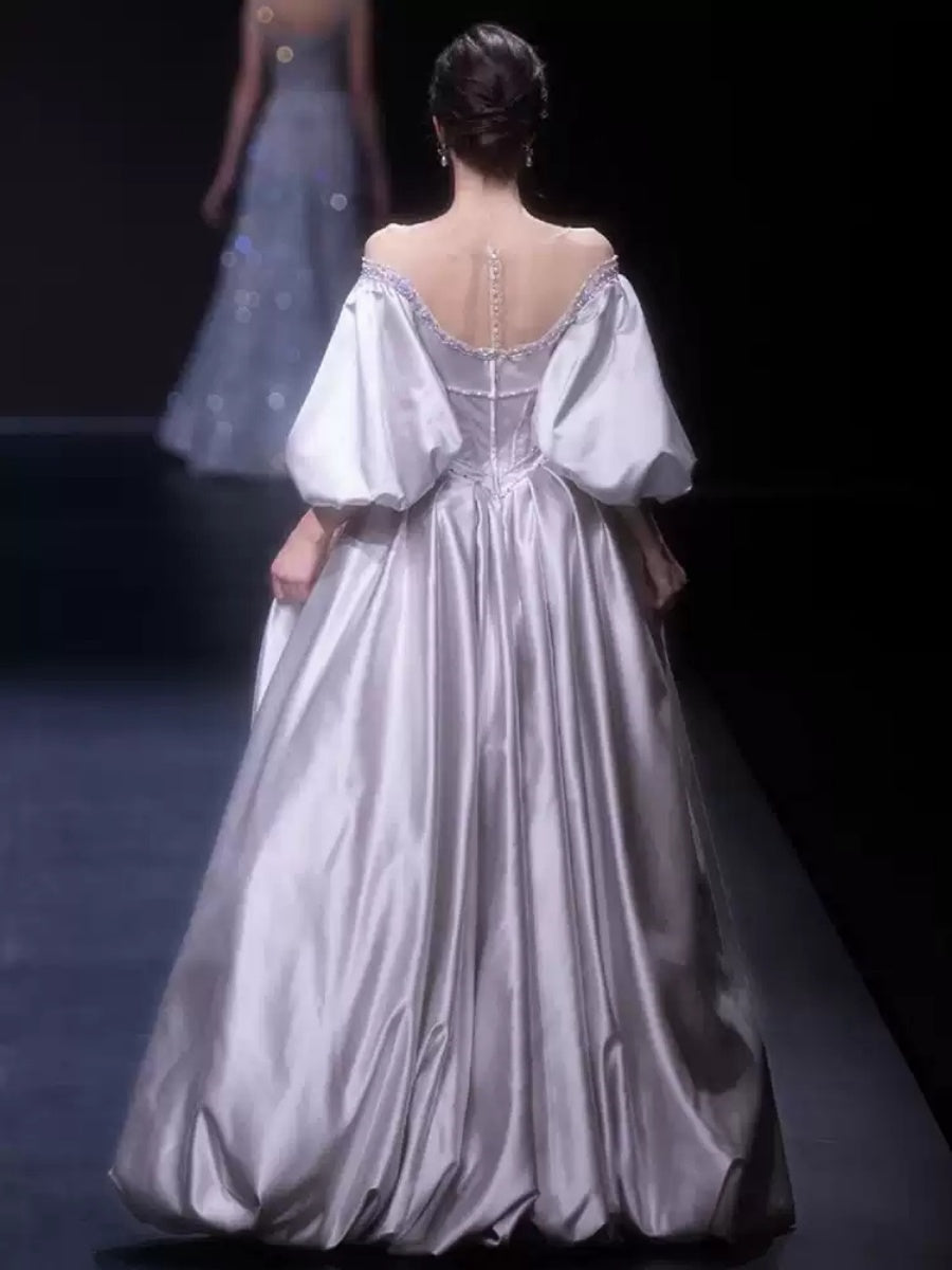 A-line/Princess Off-the-shoulder Puff Sleeves Floor-Length Pleated Wedding Dresses with Crystals