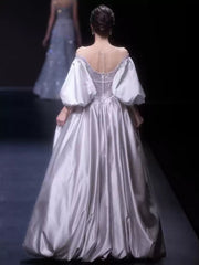 A-line/Princess Off-the-shoulder Puff Sleeves Floor-Length Pleated Wedding Dresses with Crystals