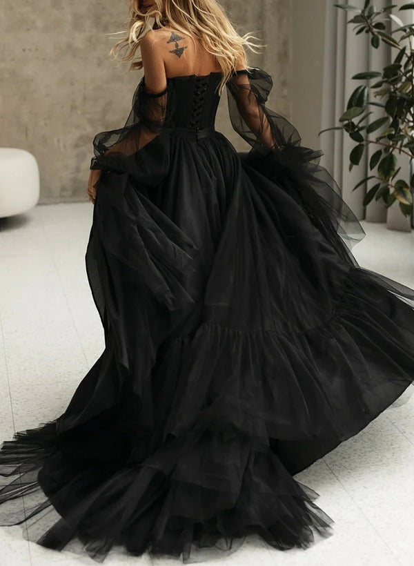A-line/Princess Off-the-Shoulder 3/4 Sleeves Asymmetrical Black Wedding Dresses with Lace-up