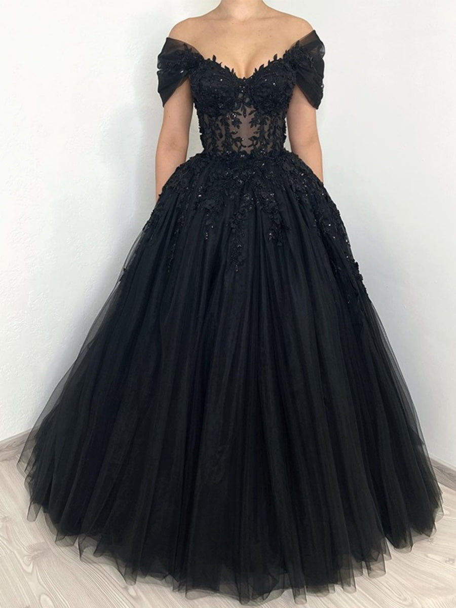 A-line/Princess Off-the-Shoulder Short Sleeves Floor-Length Black Wedding Dresses with Lace Appliques & Lace-Up & Crystals