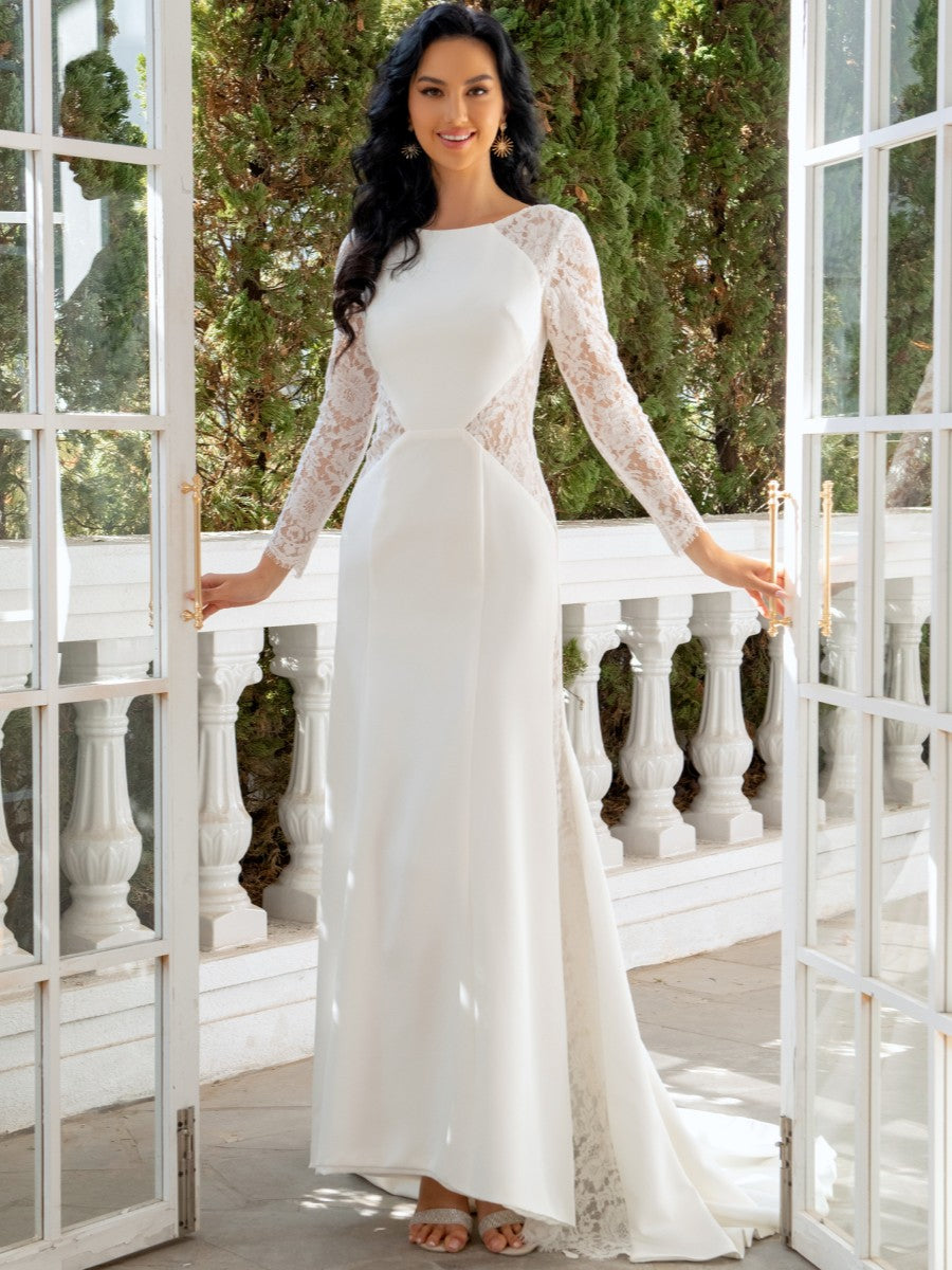 A-Line/Princess Jewel Neck Long Sleeves Wedding Dresses with Lace