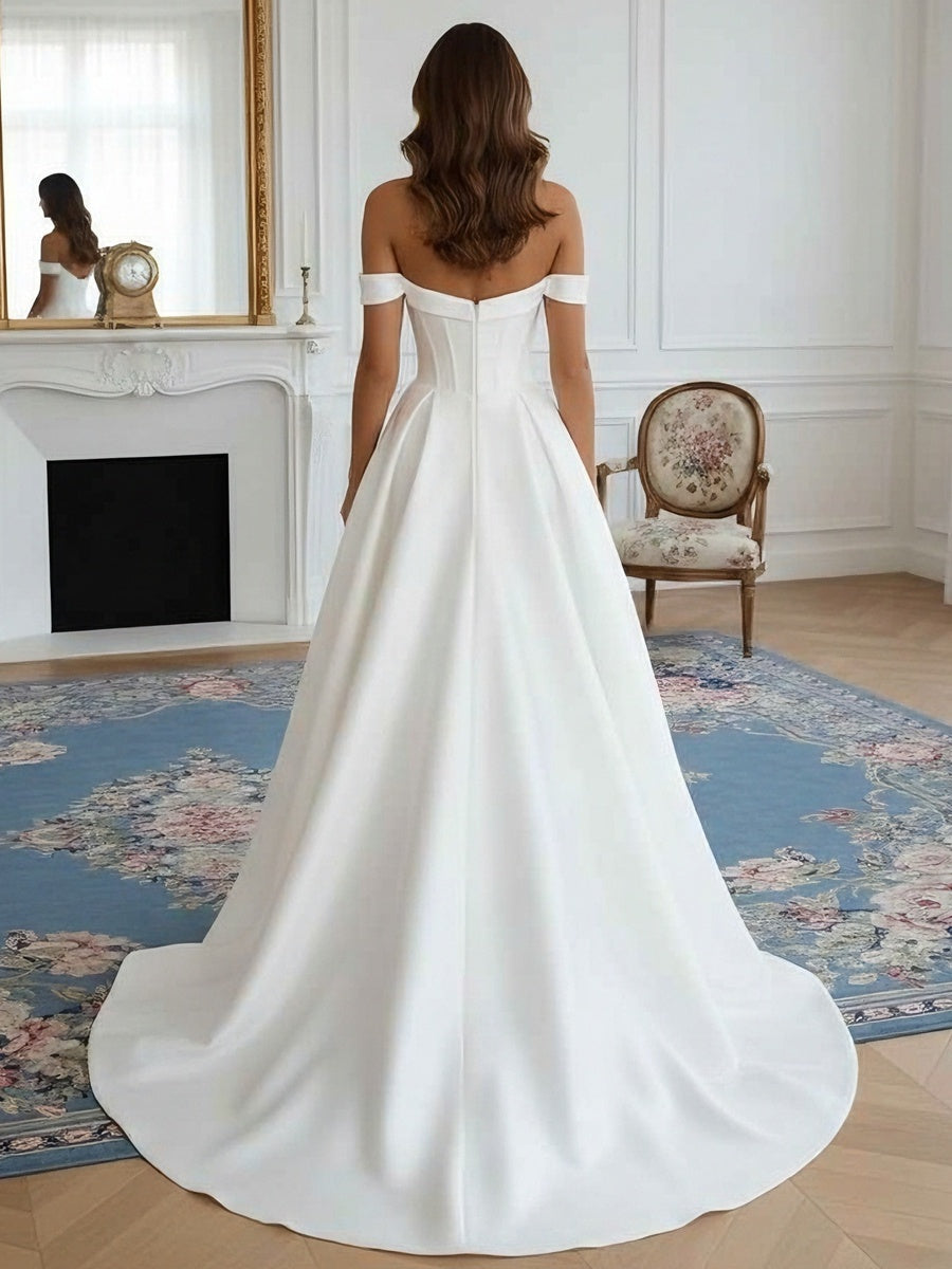 A-Line/Princess Off-the-Shoulder Wedding Dress Satin Floor-Length Sweep Train
