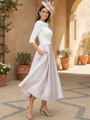 A-Line/Princess Jewel Neck Half Sleeve Tea Length Mother of the Bride Dresses with Pockets Pleats