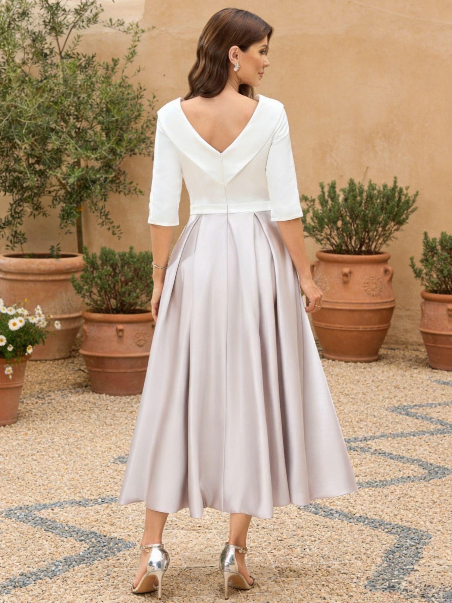 A-Line/Princess Jewel Neck Half Sleeve Tea Length Mother of the Bride Dresses with Pockets Pleats