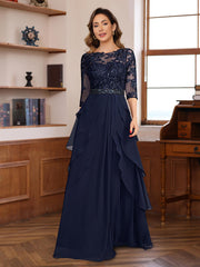 A-Line/Princess 3/4 Sleeves Floor-Length Elegant Mother of the Bride & Groom Dresses with Lace Appliques & Ruffles