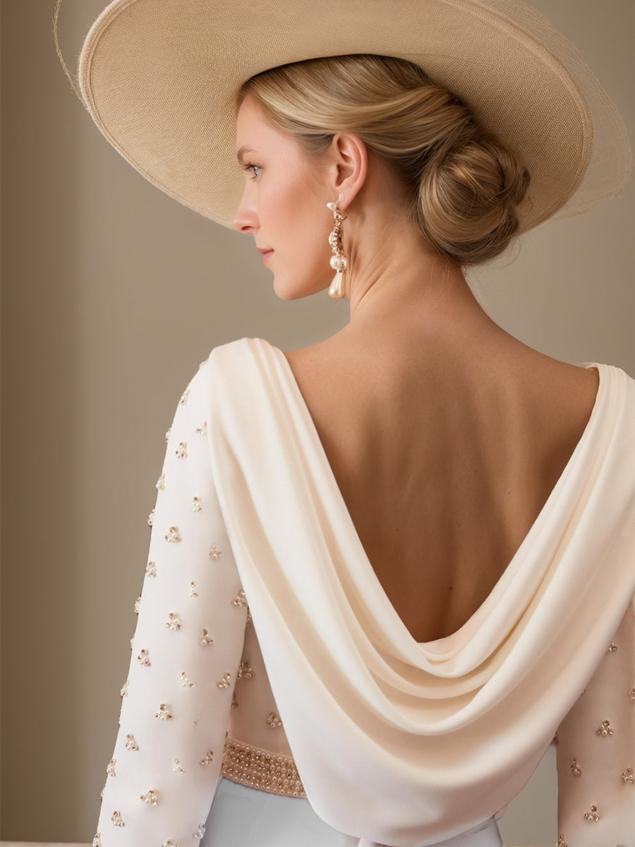A-Line/Princess Cowl Neck 3/4 Sleeves Mother of the Bride Dresses with Pearl Belt & Ruffles Back