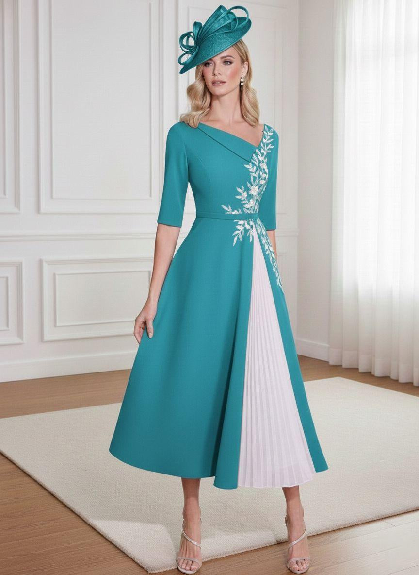 A-Line/Princess 3/4 Sleeves Tea-Length Mother of the Bride Dresses with Ruffles & Appliques