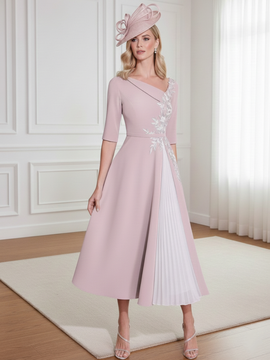 A-Line/Princess 3/4 Sleeves Tea-Length Mother of the Bride Dresses with Ruffles & Appliques