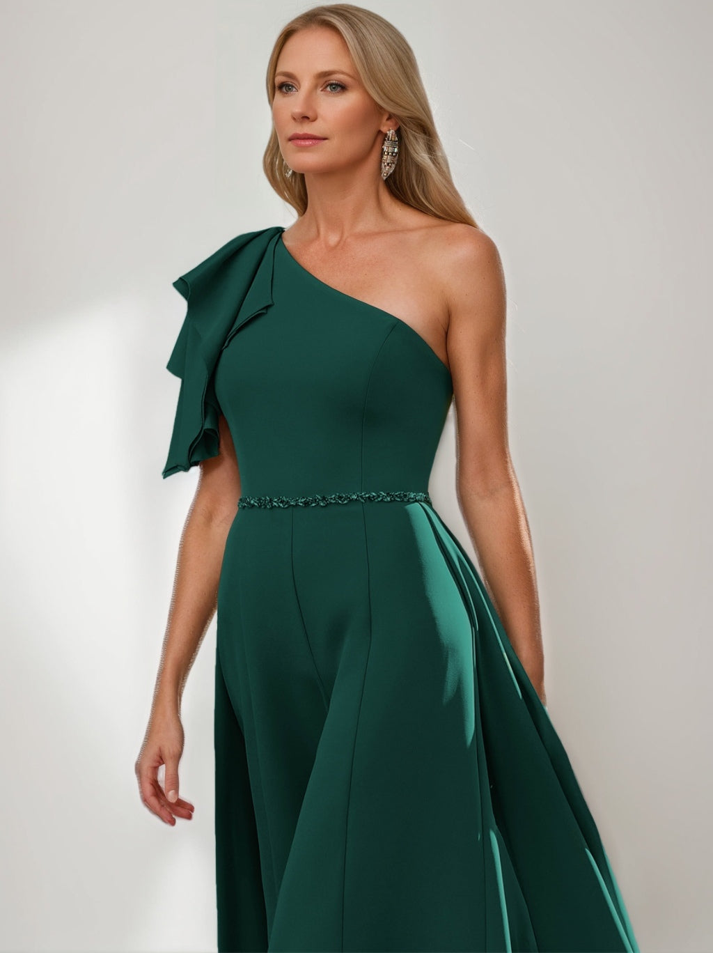 A-Line/Princess One-shoulder Floor-Length Mother of the Bride Dresses with Sash & Ruffled Sleeve