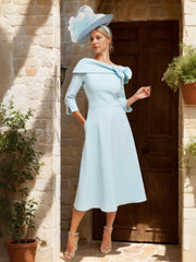 A-Line/Princess Cowl Neck 3/4 Sleeves Tea-Length Elegant Mother of the Bride & Groom Dresses with Bowknot