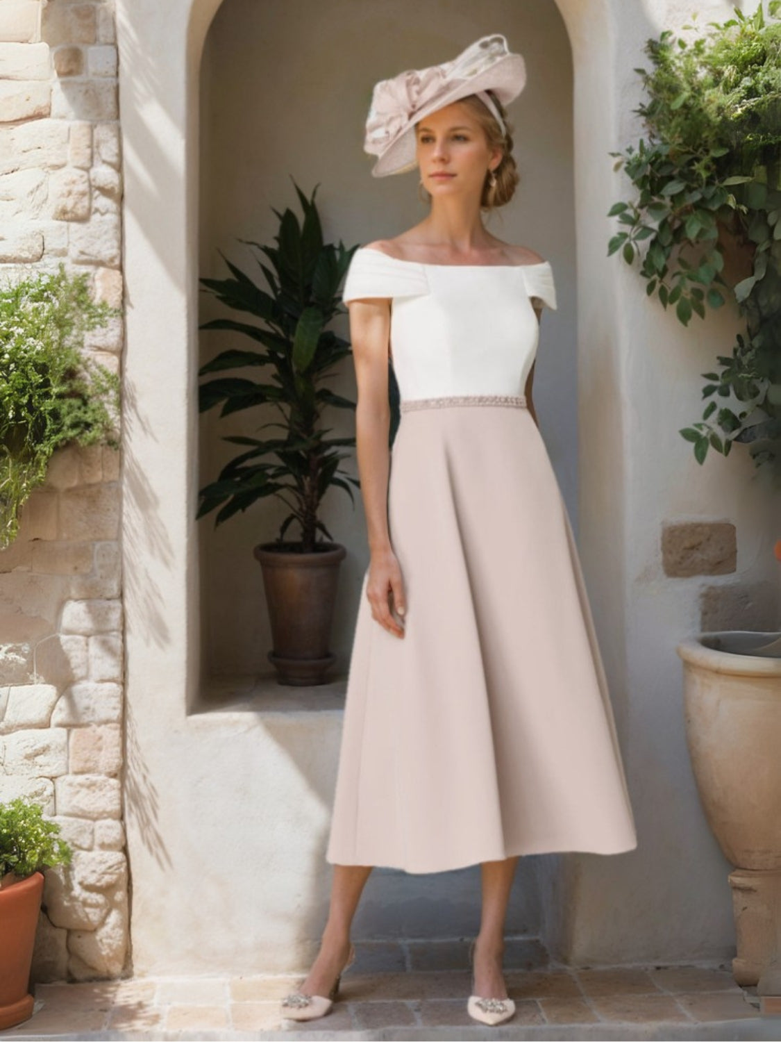 A-Line/Princess Off-the-Shoulder Short Sleeves Tea-Length Mother of the Bride Dresses with Beading