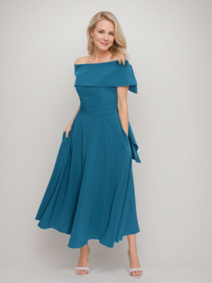 A-Line/Princess Off-the-Shoulder Sleeveless Tea-Length Mother of the Bride Dresses with Bowknot