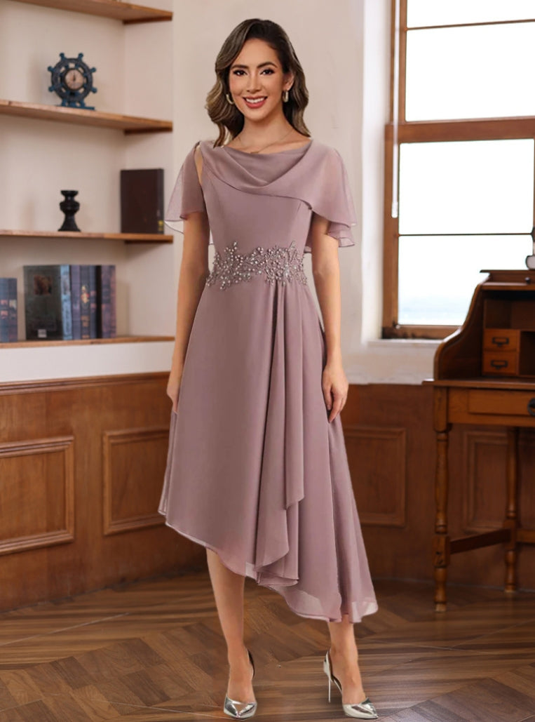 A-Line/Princess Chiffon Mother of the Bride Dresses Asymmetrical Tea-Length Beading Ruffles