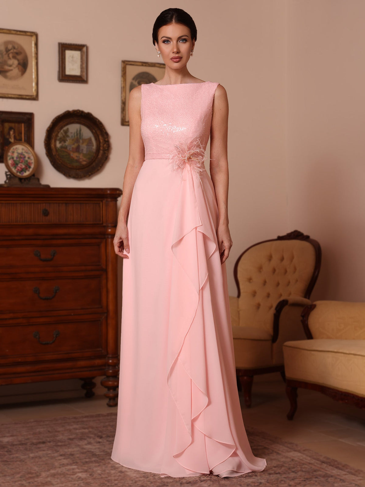 A-Line/Princess Cowl Neck Chiffon Mother of the Bride Dresses Sequins Floor-Length Sleeveless Ruffles